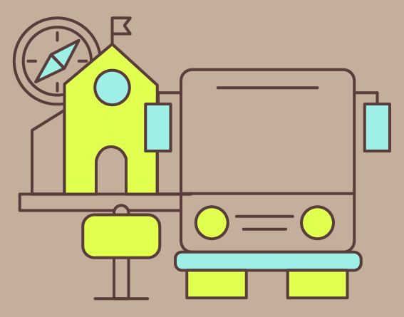 Visuel graphique qui montre les différents services qu'une mairie propose : bus scolaire, horaire, plan,...